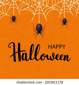 Feliz Halloween con telarañas y graciosas arañas a rayas. Ilustración del vector