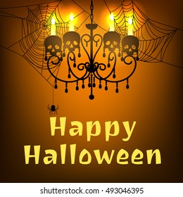 Happy Halloween Card With Spider Webs And Chandelier With Skulls And Burning Candles. Halloween Background