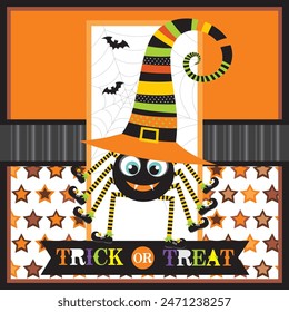 happy Halloween card with spider and witch hat