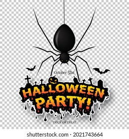 Happy Halloween card with spiders on the transparent background. Creepy background for Halloween. Vector illustration.
