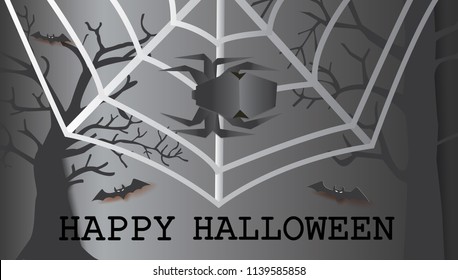 Happy Halloween card with spiders origami, bats and dry trees ,vector illustration.
