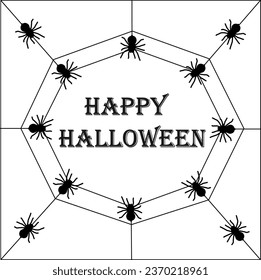 Happy Halloween card with spiders and spiderweb on white background