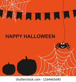 Happy Halloween. Card for Halloween. Spider's web with cute spider. Silhouette of pumpkins. Garland of paper flags. 