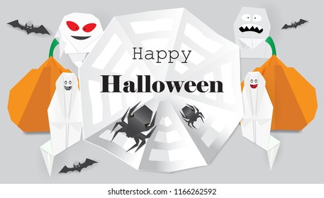 Happy Halloween card with spiders,ghosts,pumpkins origami and cobweb ,vector illustration.