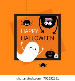 Happy Halloween card. Square frame. Flying ghost, monster head silhouette. Hanging upside down. Black spider dash line. Pumpkin, eyeball. Cute cartoon baby character. Flat Orange background. Vector