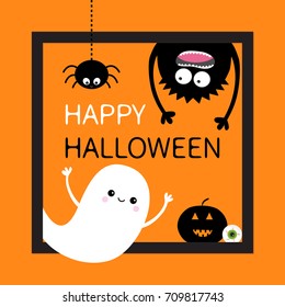 Happy Halloween card. Square frame. Flying ghost, monster head silhouette. Hanging upside down. Pumpkin, eyeball. Black spider dash line. Cute cartoon baby character. Flat Orange background. Vector