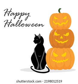 Happy Halloween, card square. Post with three pumpkins and black cat. Vector illustration