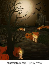 Happy Halloween card. Stone road and pumpkin. vector illustration