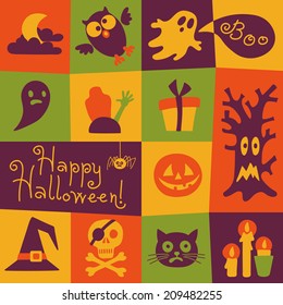 Happy Halloween card. Halloween symbols in a flat style. Vector illustration.