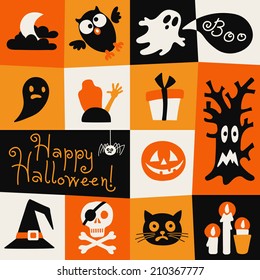 Happy Halloween card. Symbols in a flat style. Vector illustration.