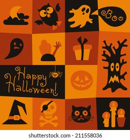 Happy Halloween card. Halloween symbols in a flat style. Vector illustration.