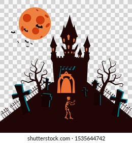 Happy Halloween Card Template Background, Dark Castle Cemetery Fog Spooky, Vector Illustration Banner Isolated