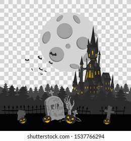 Happy Halloween Card Template Background, Dark Castle Cemetery Fog Spooky, Vector Illustration Banner Isolated