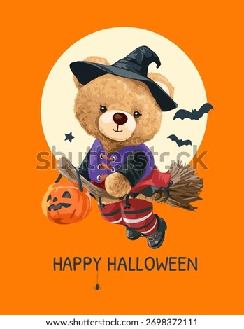 happy halloween card template with bear doll witch riding broom vector illustration