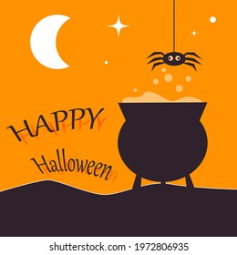 Happy Halloween card template with cauldron and spider but night starry background. Abstract helloween pattern for greeting card, party invitation, menu, poster,  etc. Vector illustration