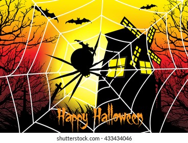 Happy Halloween Card Template with cobweb,spider,windmill and dead tree