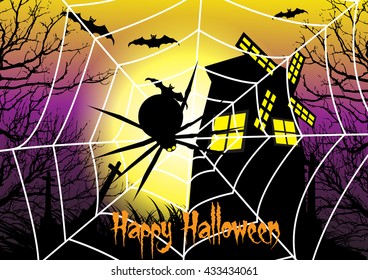 Happy Halloween Card Template with cobweb,spider,windmill and dead tree