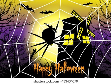 Happy Halloween Card Template with cobweb,spider,windmill and dead tree