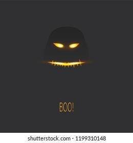 Happy Halloween Card Template - Creepy Face with Glowing Eyes in the Dark - Vector Illustration