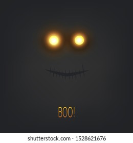 Happy Halloween Card Template - Creepy Face with Glowing Eyes in the Dark - Vector Illustration