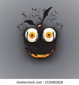 Happy Halloween Card Template - Creepy Face with Pop Out Eyes and Bats - Vector Illustration