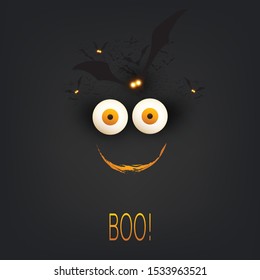 Happy Halloween Card Template - Creepy Face with Pop Out Eyes and Bats - Vector Illustration