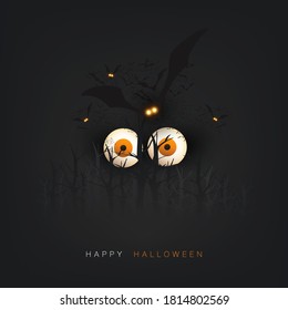 Happy Halloween Card Template - Creepy Face with Pop Out Eyes and Flying Bats in a Dark Forest - Vector Illustration