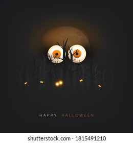 Happy Halloween Card Template - Creepy Face with Pop Out and Glowing Eyes in a Dark Forest - Vector Illustration