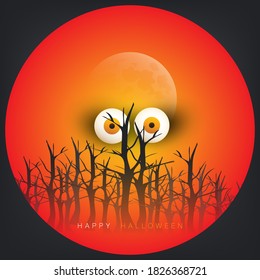 Happy Halloween Card Template - Creepy Face with Glowing Pop Out Eyes Over a Dark Forest - Vector Illustration