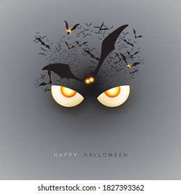 Happy Halloween Card Template - Creepy Face with Pop Out Eyes and Bats - Vector Illustration