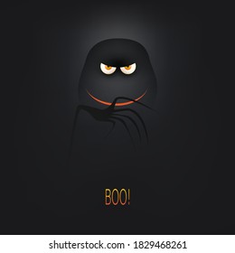 Happy Halloween Card Template - Creepy Face with Glowing Eyes and Scary Smile in the Dark - Vector Illustration