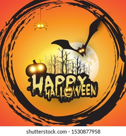 Happy Halloween Card Template Design - Flying Bats Over the Autumn Woods and Various Spooky Creatures with Glowing Eyes - Vector Illustration