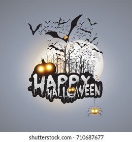 Happy Halloween Card Template Design - Flying Bats Over the Autumn Woods and Various Spooky Creatures with Glowing Eyes - Vector Illustration