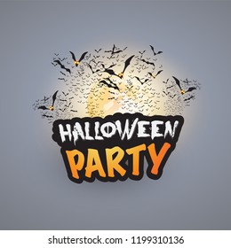 Happy Halloween Card Template - Flying Bats with Glowing Eyes Under the Full Moon - Vector Illustration