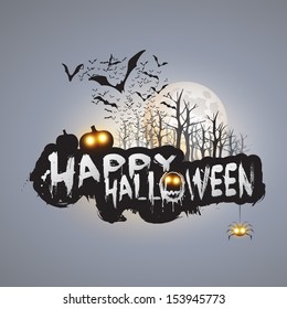 Happy Halloween Card Template - Flying Bats Over the Autumn Woods and Various Spooky Creatures with Glowing Eyes - Vector Illustration