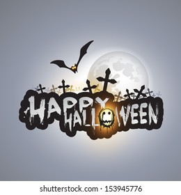 Happy Halloween Card Template with Flying Bats Over Dark Crosses Under Full Moon - Vector Illustration
