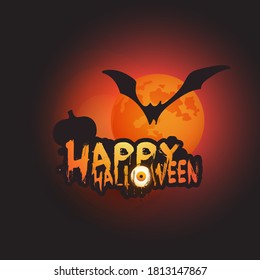 Happy Halloween Card Template with Flying Bat and Full Moon in the Darkness