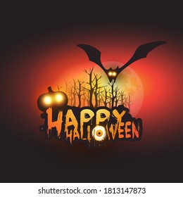 Happy Halloween Card Template with Flying Bat Over Bare Trees and Full Moon Glowing in the Darkness