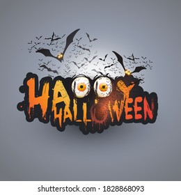 Happy Halloween Card Template - Flying Bats with Glowing Eyes Under the Misty Full Moon - Vector Illustration