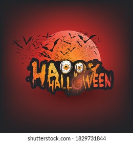 Happy Halloween Card Template - Flying Bats with Glowing Eyes Under the Full Moon on Red Background - Vector Illustration