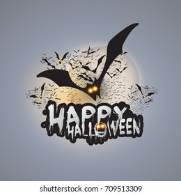 Happy Halloween Card Template - Flying Bats with Glowing Eyes Under Full Moon - Vector Illustration