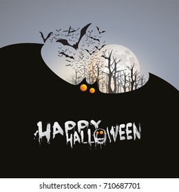 Happy Halloween Card Template - Flying Bats Over the Autumn Woods with Glowing Eyes - Vector Illustration