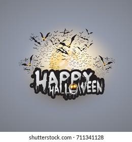 Happy Halloween Card Template - Flying Bats with Glowing Eyes Under the Full Moon - Vector Illustration