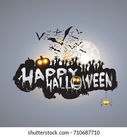 Happy Halloween Card Template - Hands, Flying Bats, Pumpkin and Spooky Creatures with Glowing Eyes - Vector Illustration