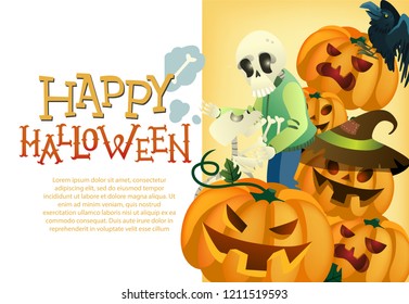 Happy Halloween card template. Human and dog skeletons, black raven and pumpkin lanterns on yellow background. Festive design can be used for flyers, banners, posters