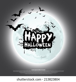Happy Halloween Card Template, Mix of Various Spooky Creatures, Moon and Castle, Vector Illustration