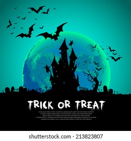 Happy Halloween Card Template, Mix of Various Spooky Creatures, Moon and Castle, Vector Illustration