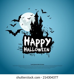 Happy Halloween Card Template, Mix of Various Spooky Creatures, Moon and Castle, Vector Illustration