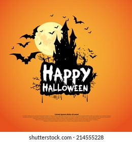 Happy Halloween Card Template, Mix of Various Spooky Creatures, Moon and Castle, Vector Illustration