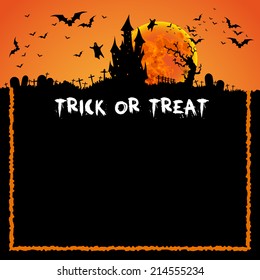 Happy Halloween Card Template, Mix of Various Spooky Creatures, Moon and Castle, Vector Illustration